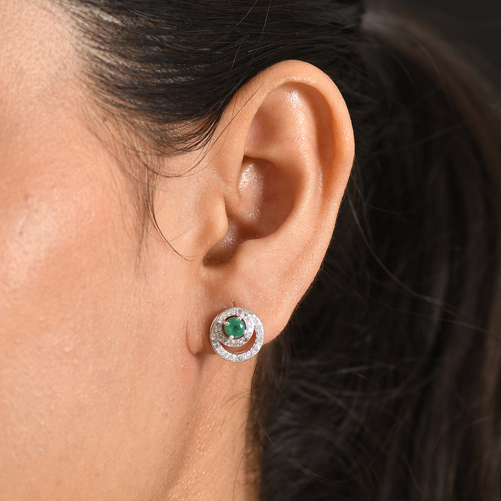 Luxuriant - AAA Premium Zambian Emerald & Lab Grown Diamond (SI/G-H) Halo Stud Earring with Push Post in Rhodium Overlay Sterling Silver 0.85 Ct._8572834_1