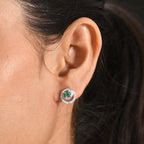 Luxuriant - AAA Premium Zambian Emerald & Lab Grown Diamond (SI/G-H) Halo Stud Earring with Push Post in Rhodium Overlay Sterling Silver 0.85 Ct._8572834_1
