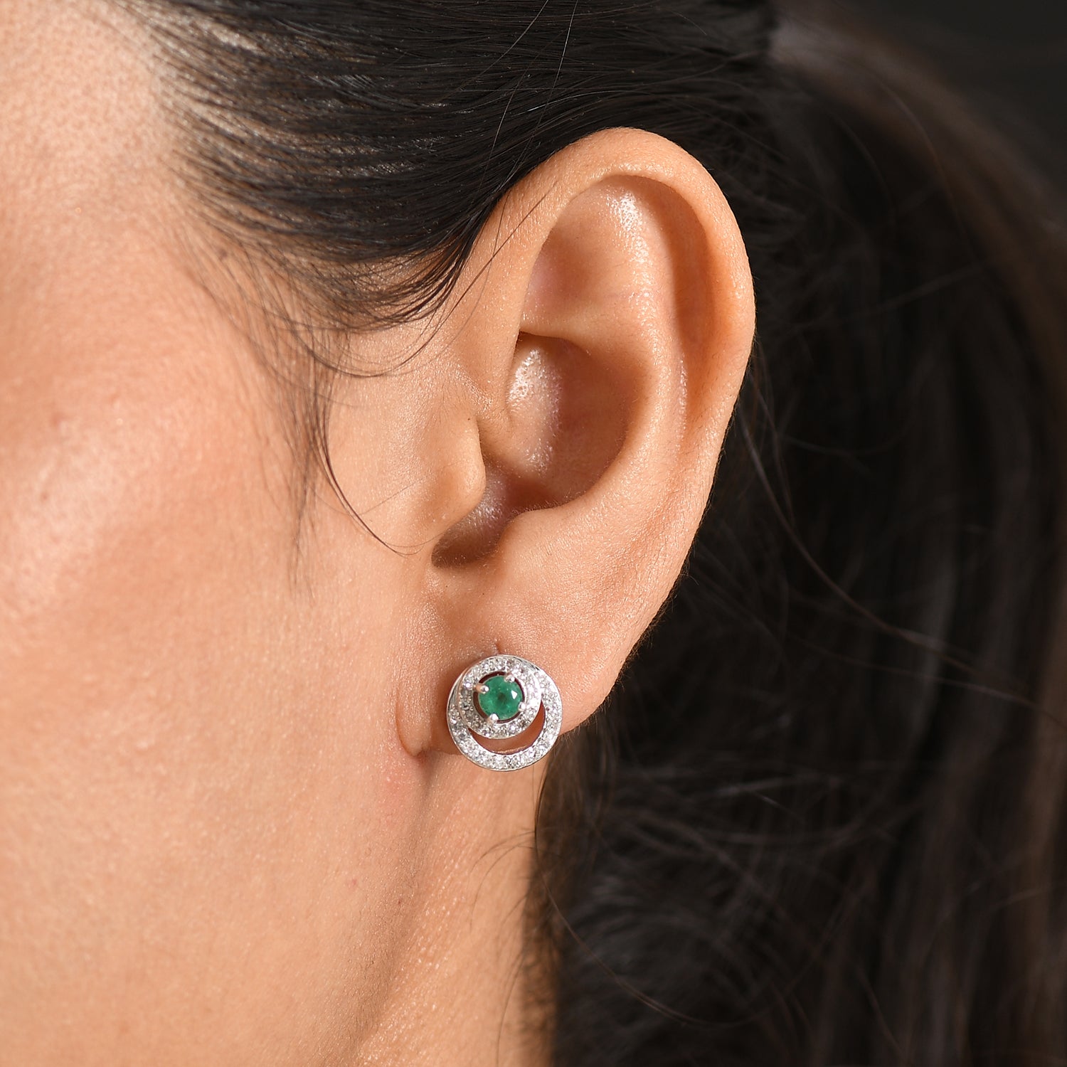 Luxuriant - AAA Premium Zambian Emerald &amp; Lab Grown Diamond (SI/G-H) Halo Stud Earring with Push Post in Rhodium Overlay Sterling Silver 0.85 Ct. 8572834 2