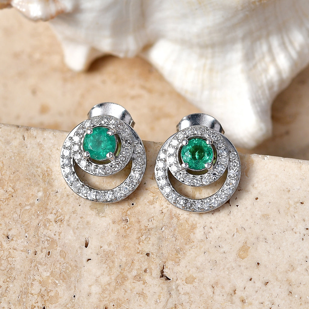 Luxuriant - AAA Premium Zambian Emerald & Lab Grown Diamond (SI/G-H) Halo Stud Earring with Push Post in Rhodium Overlay Sterling Silver 0.85 Ct._8572834_2