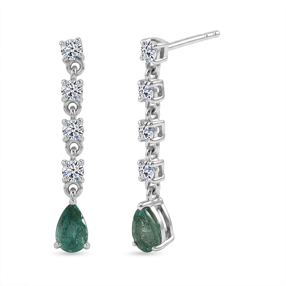 Luxuriant - AAA Zambian Emerald &amp; Lab Grown Diamond (SI-G-H) Dangling Earring with Push Post in Rhodium Overlay Sterling Silver 1.30 Ct. 8572835 0