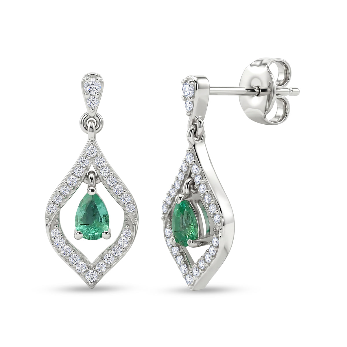 D'Joy - AAA Premium Zambian Emerald &amp; White Zircon Dangling Earring with Push Post in Rhodium Overlay Sterling Silver 8572836 0