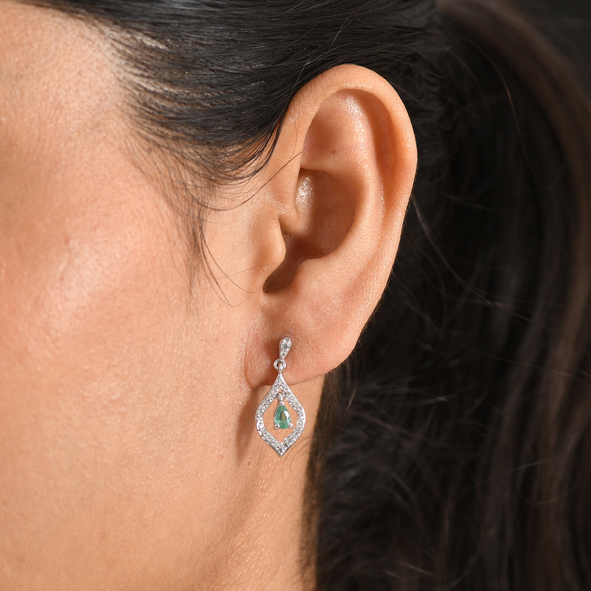 D'Joy - AAA Premium Zambian Emerald &amp; White Zircon Dangling Earring with Push Post in Rhodium Overlay Sterling Silver 8572836 2