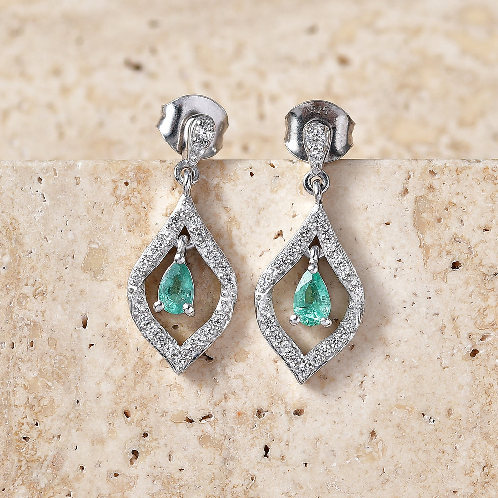 D'Joy - AAA Premium Zambian Emerald & White Zircon Dangling Earring with Push Post in Rhodium Overlay Sterling Silver_8572836_2
