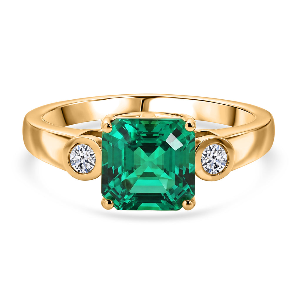 Luxuriant - AAA Lab Grown Columbian Emerald & Lab Grown Diamond (SI/G-H) Trilogy Ring in 18K Vermeil Yellow Gold Plated Sterling Silver 1.60 Ct._8573055
