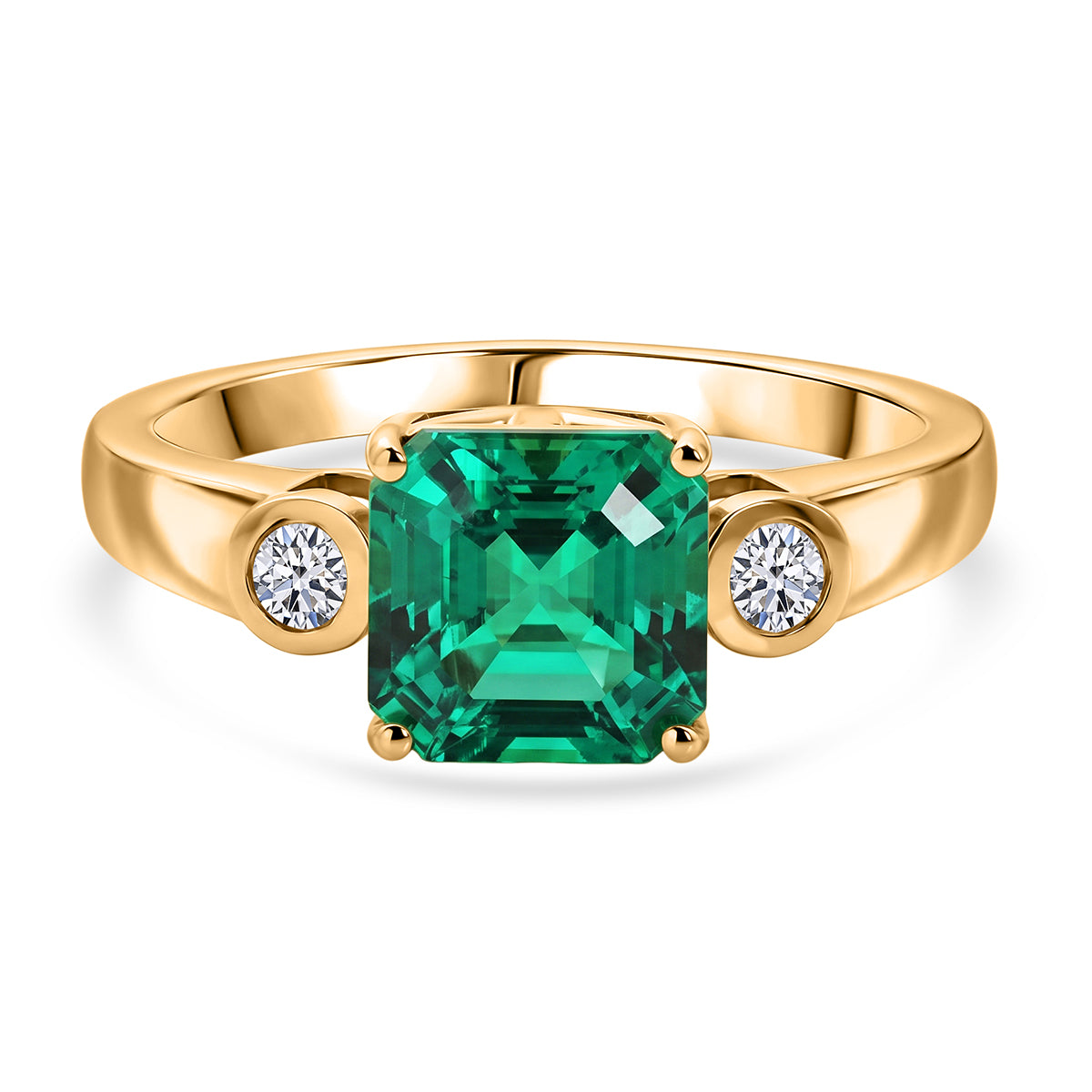 Luxuriant - AAA Lab Grown Colombian Emerald &amp; Lab Grown Diamond (SI/G-H) Trilogy Ring in 18K Vermeil Yellow Gold Plated Sterling Silver 1.60 Ct. V32525618 0