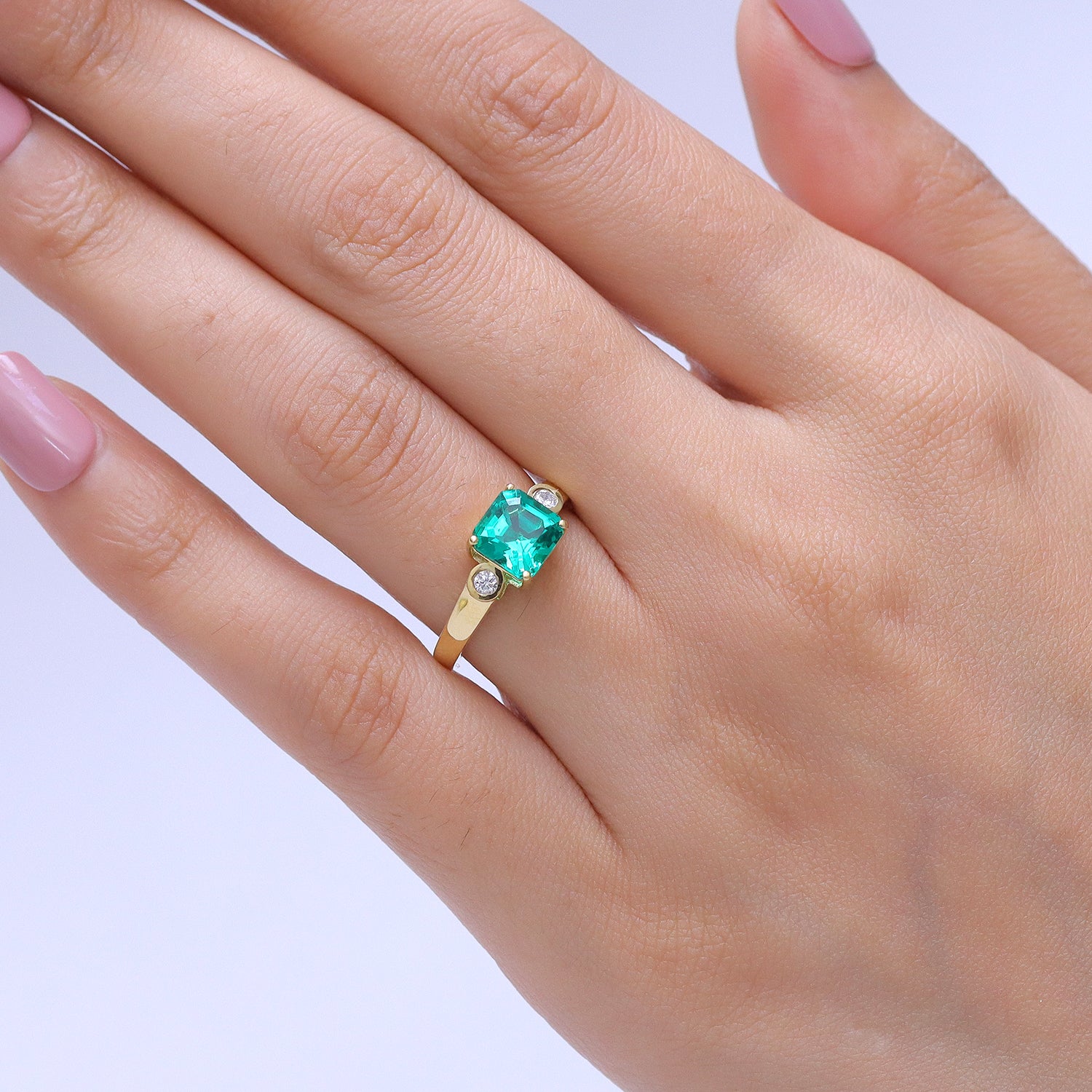 Luxuriant - AAA Lab Grown Colombian Emerald &amp; Lab Grown Diamond (SI/G-H) Trilogy Ring in 18K Vermeil Yellow Gold Plated Sterling Silver 1.60 Ct. V32525618 2