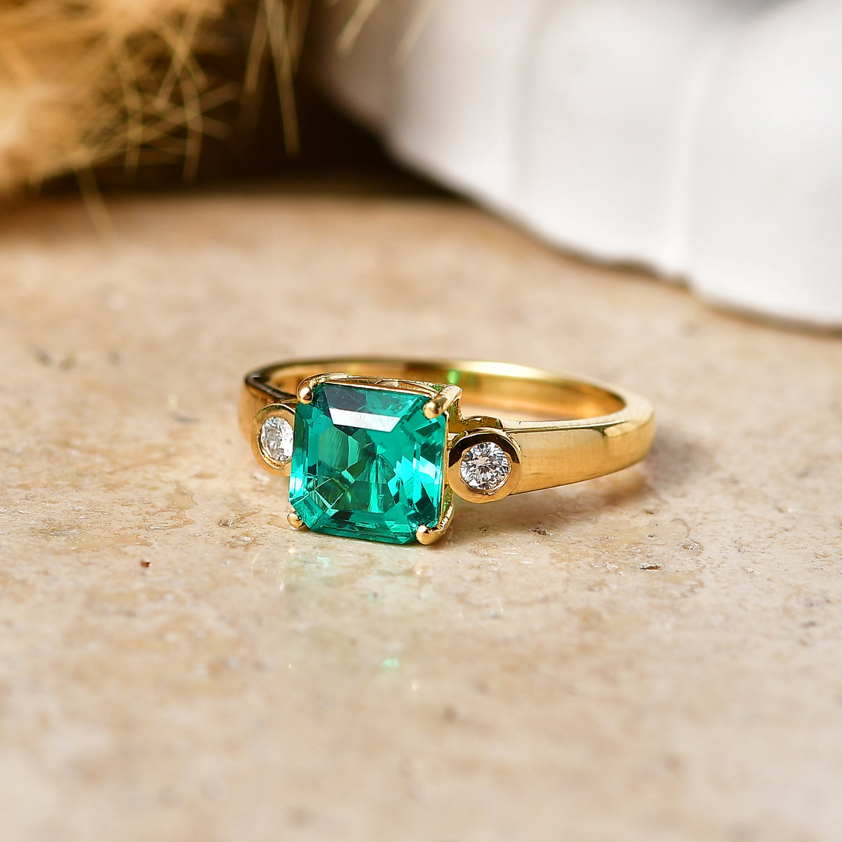 Luxuriant - AAA Lab Grown Colombian Emerald &amp; Lab Grown Diamond (SI/G-H) Trilogy Ring in 18K Vermeil Yellow Gold Plated Sterling Silver 1.60 Ct. V32525618 3