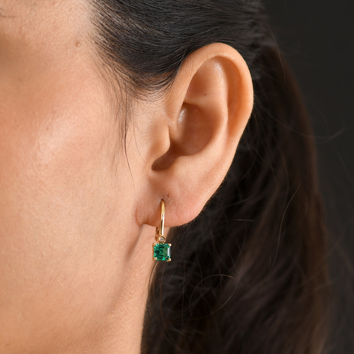 Luxuriant - AAA Lab Grown Columbian Emerald &amp; Lab Grown Diamond (SI/G-H) Solitaire Lever Back Earring in 18K Vermeil Yellow Gold Plated Sterling Silver 1.26 Ct. V32525875 2