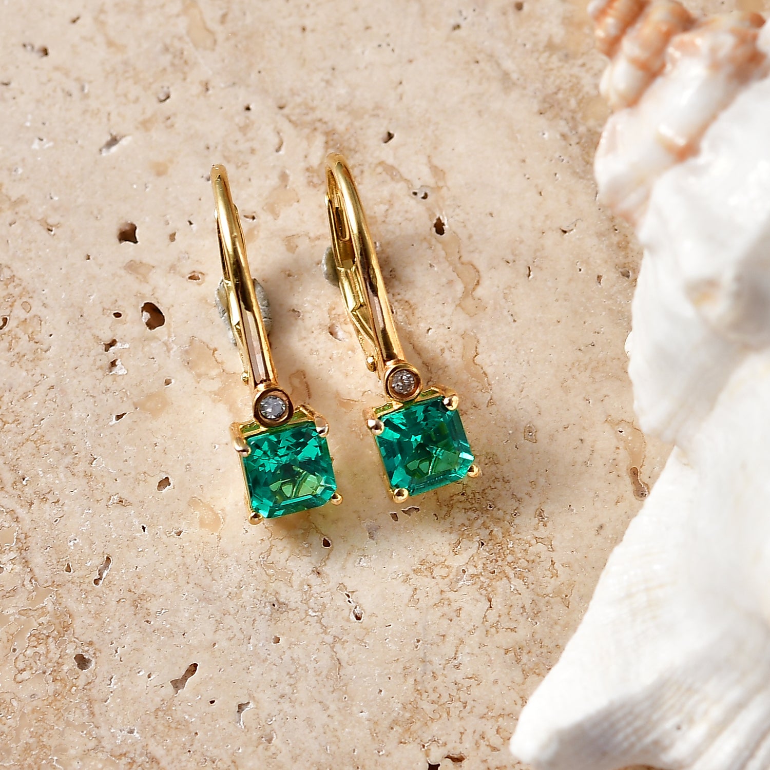 Luxuriant - AAA Lab Grown Columbian Emerald &amp; Lab Grown Diamond (SI/G-H) Solitaire Lever Back Earring in 18K Vermeil Yellow Gold Plated Sterling Silver 1.26 Ct. V32525875 3