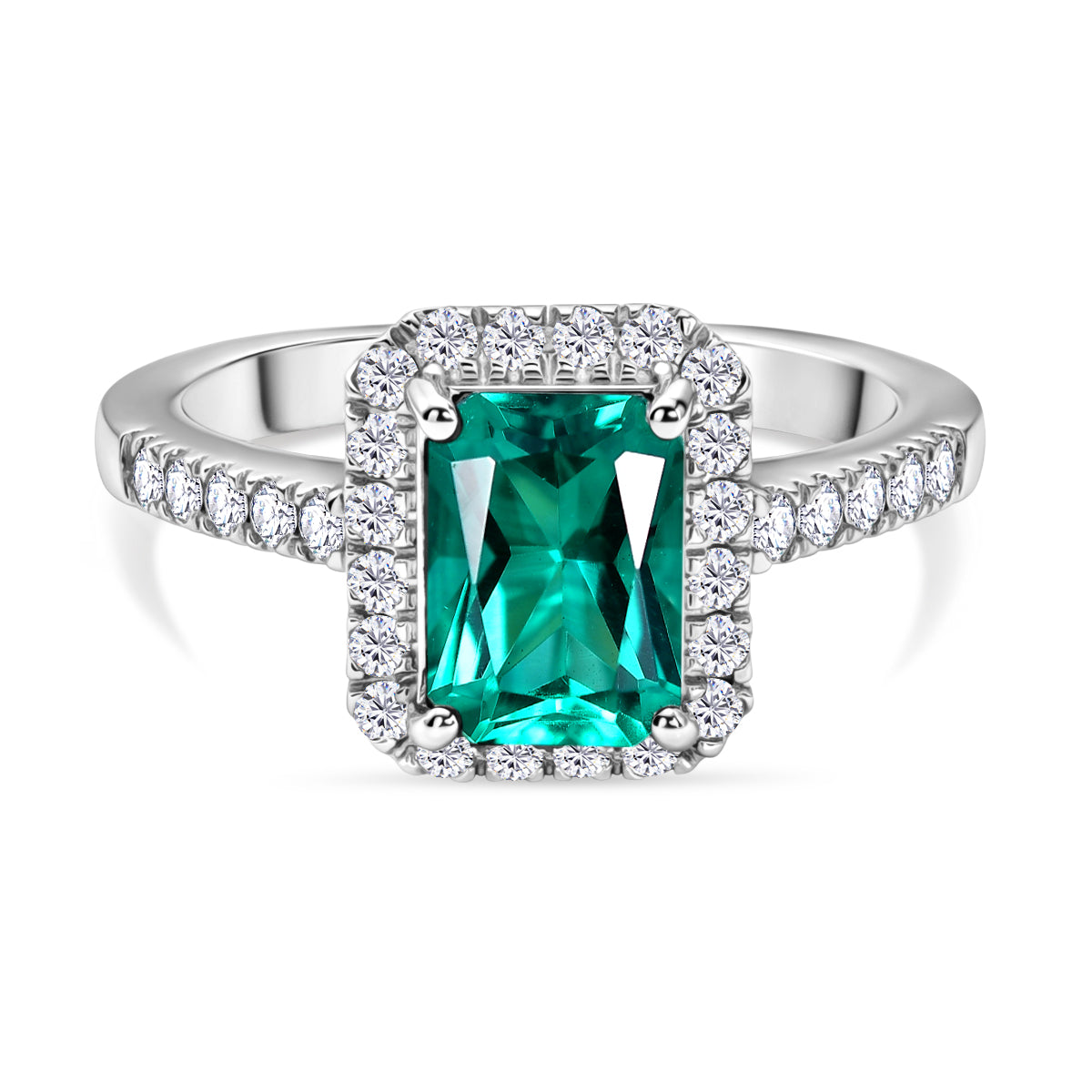 Luxuriant - AAA Lab Grown Columbian Emerald &amp; Lab Grown Diamond (SI/G-H) Halo Ring in Rhodium Overlay Sterling Silver 1.80 Ct. V32535322 0