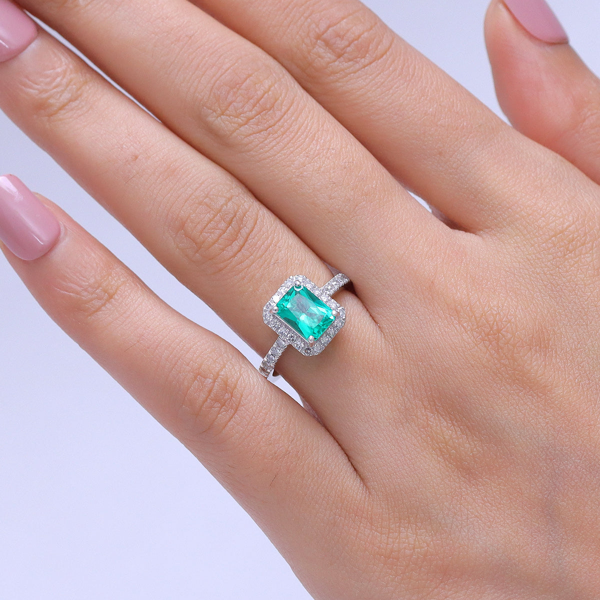 Luxuriant - AAA Lab Grown Columbian Emerald &amp; Lab Grown Diamond (SI/G-H) Halo Ring in Rhodium Overlay Sterling Silver 1.80 Ct. V32535322 2