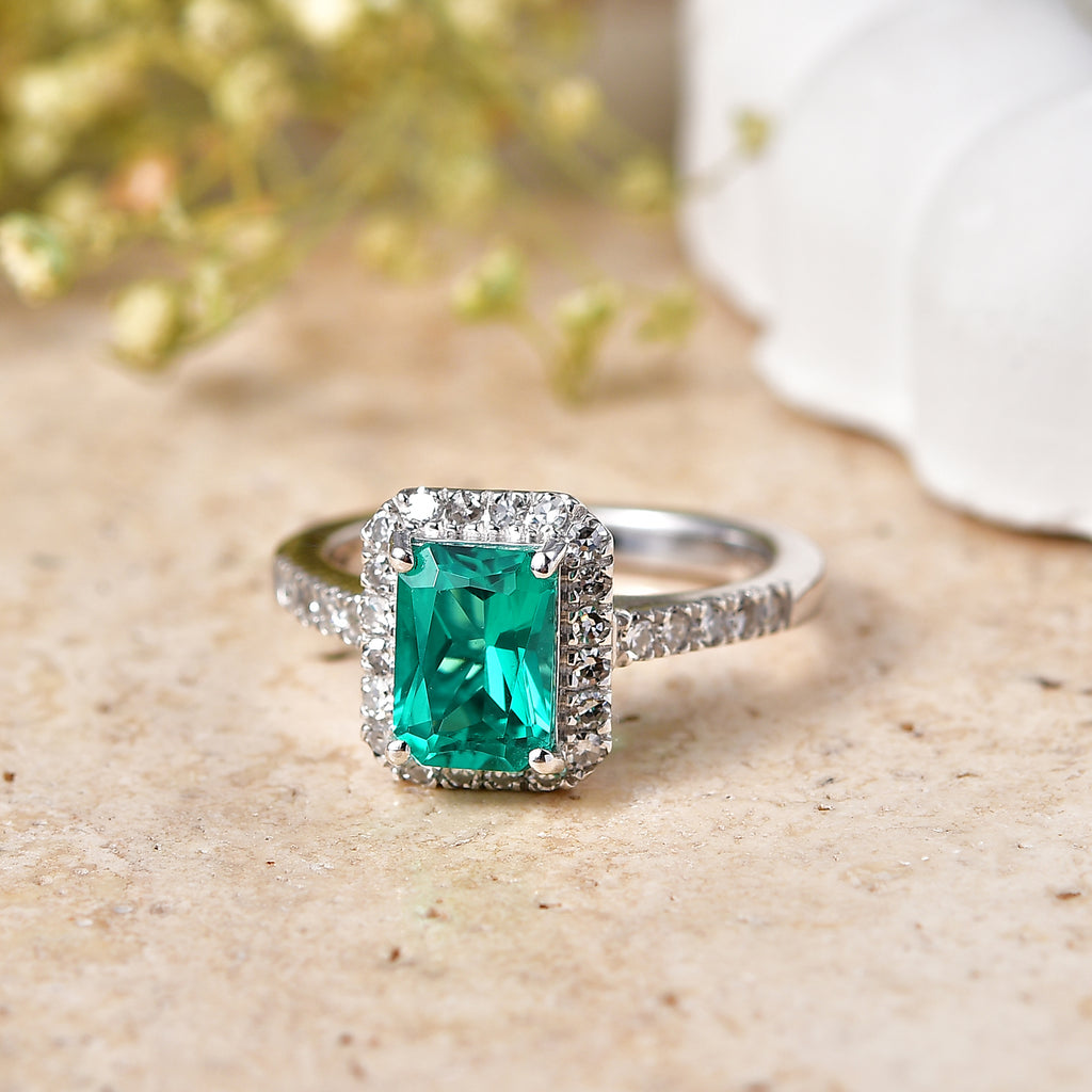 Luxuriant - AAA Lab Grown Columbian Emerald & Lab Grown Diamond (SI/G-H) Halo Ring in Rhodium Overlay Sterling Silver 1.80 Ct._8573161_2