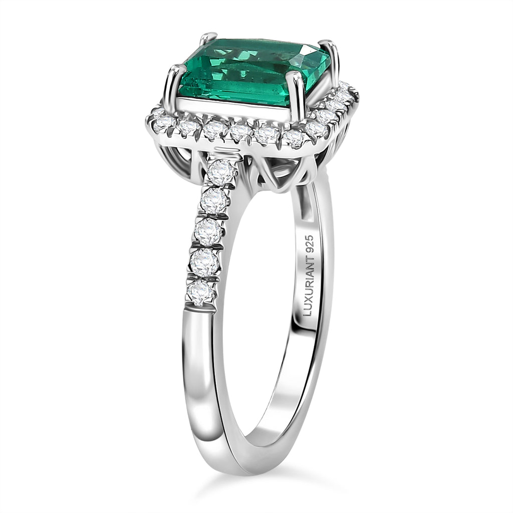 Luxuriant - AAA Lab Grown Columbian Emerald & Lab Grown Diamond (SI/G-H) Halo Ring in Rhodium Overlay Sterling Silver 1.80 Ct._8573161_3