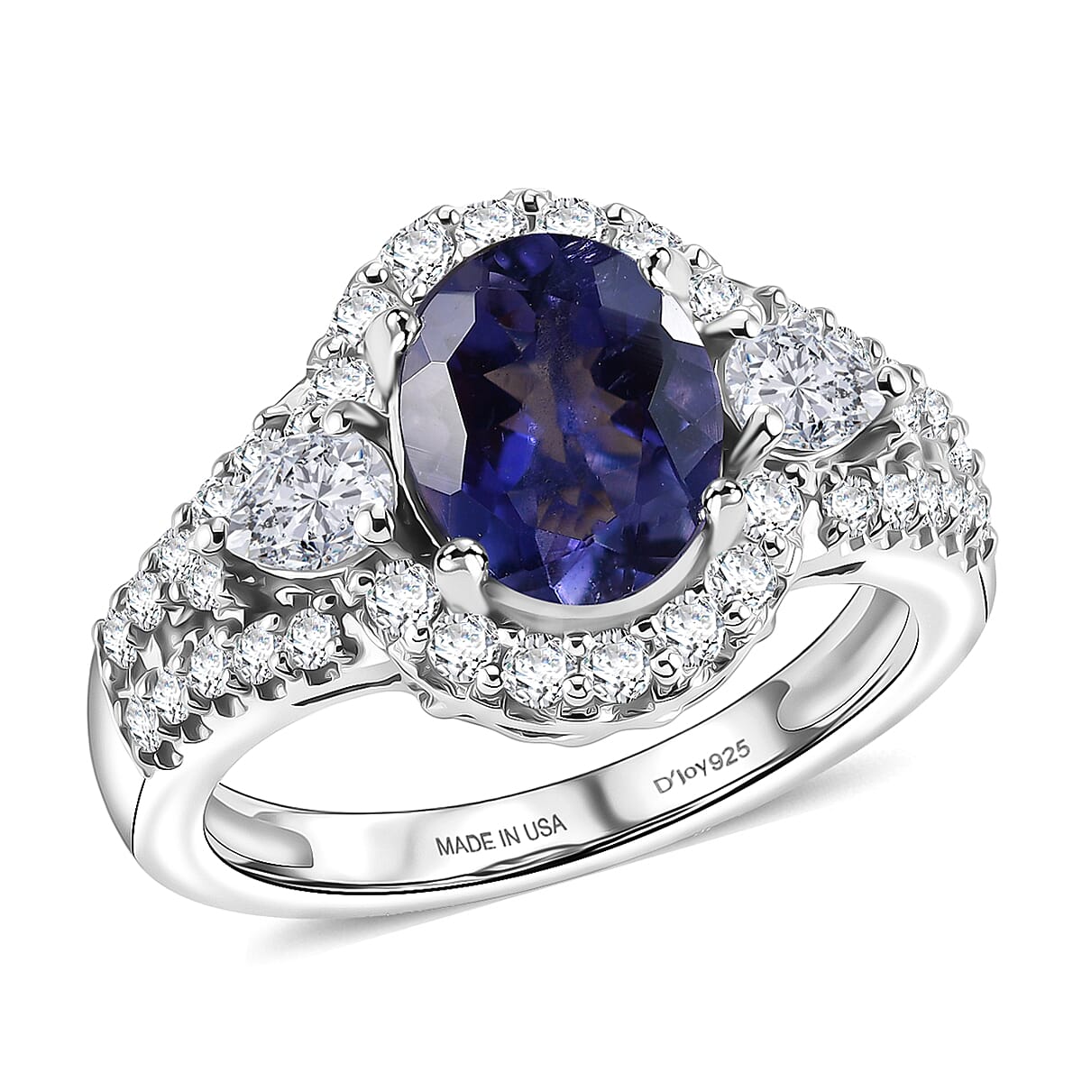 Certified and Appraised D'Joy Iolite, Moissanite Main Stone With Surrounding Stone Ring in Rhodium Overlay Sterling Silver  3.140  Ct. 8573308 0