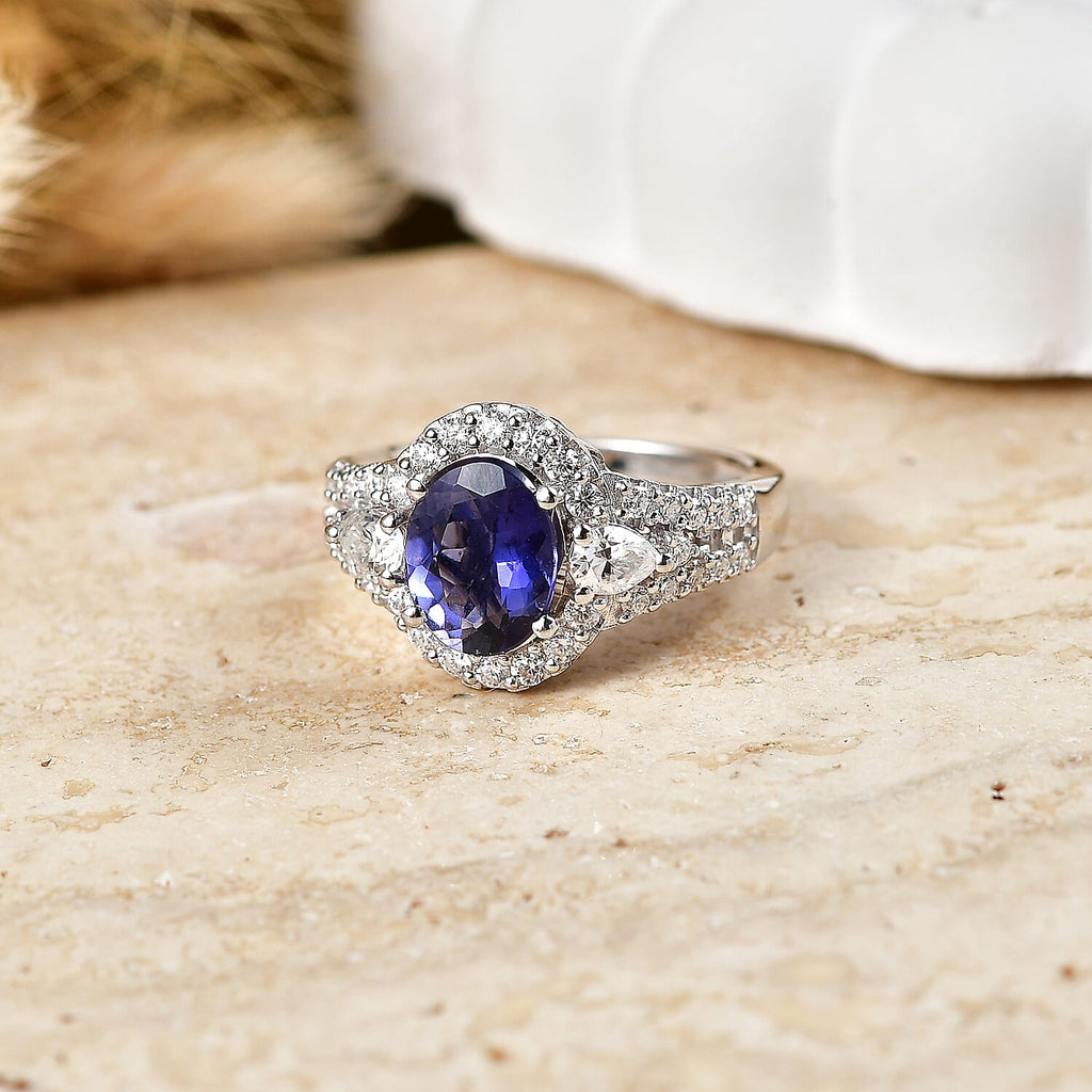 D'Joy Iolite, Moissanite Main Stone With Surrounding Stone Ring in Rhodium OverlaySterling Silver  3.140  Ct._8573308_1