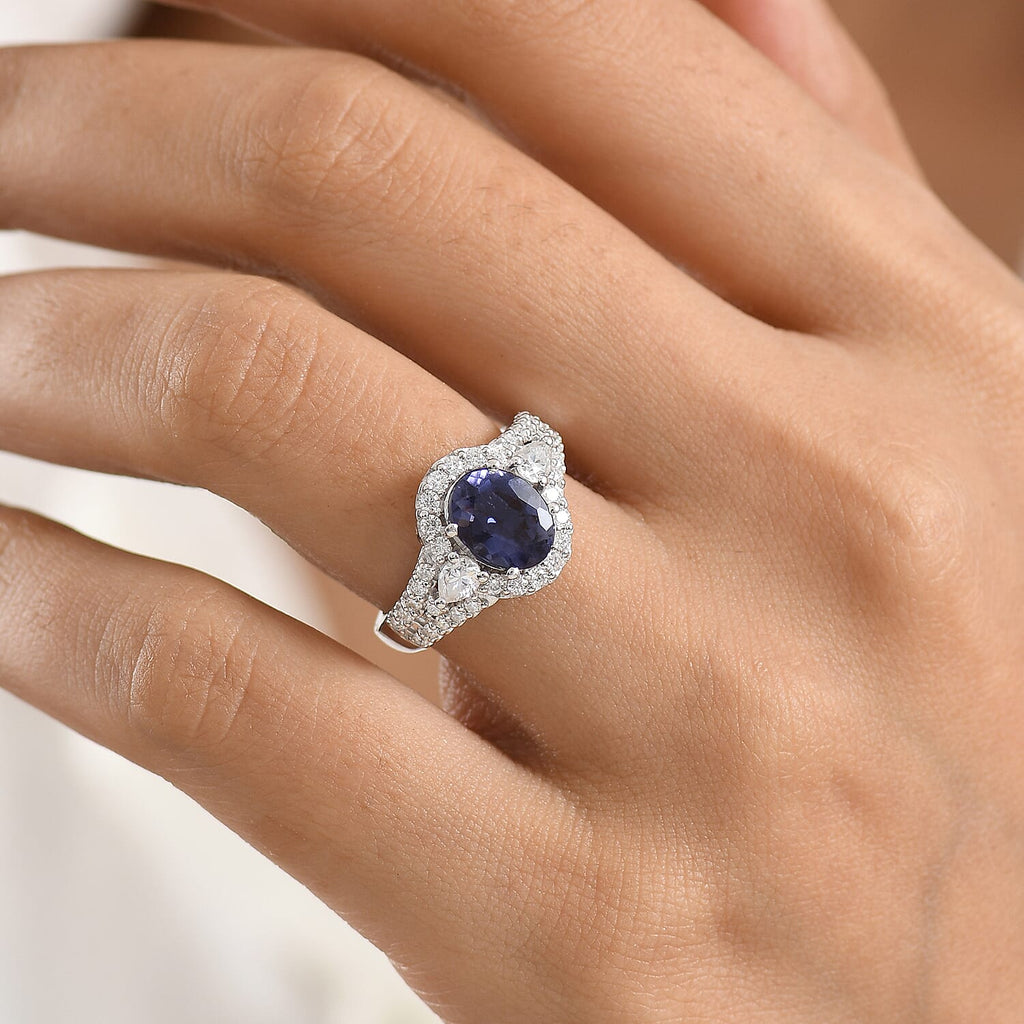 D'Joy Iolite, Moissanite Main Stone With Surrounding Stone Ring in Rhodium OverlaySterling Silver  3.140  Ct._8573308_2