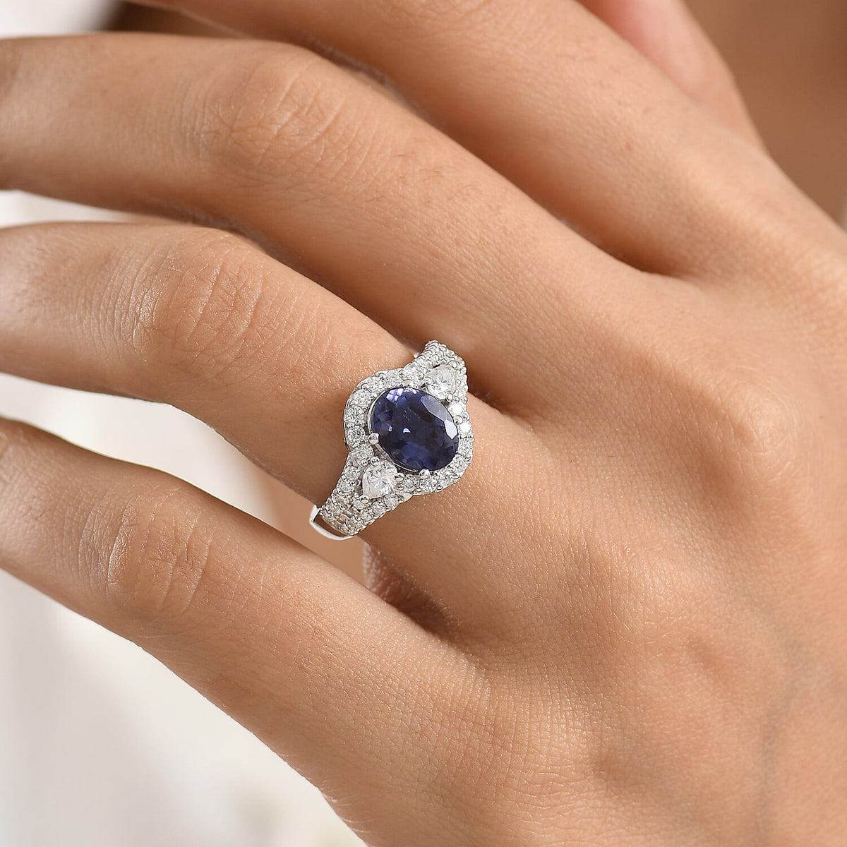 Certified and Appraised D'Joy Iolite, Moissanite Main Stone With Surrounding Stone Ring in Rhodium Overlay Sterling Silver  3.140  Ct. 8573308 2