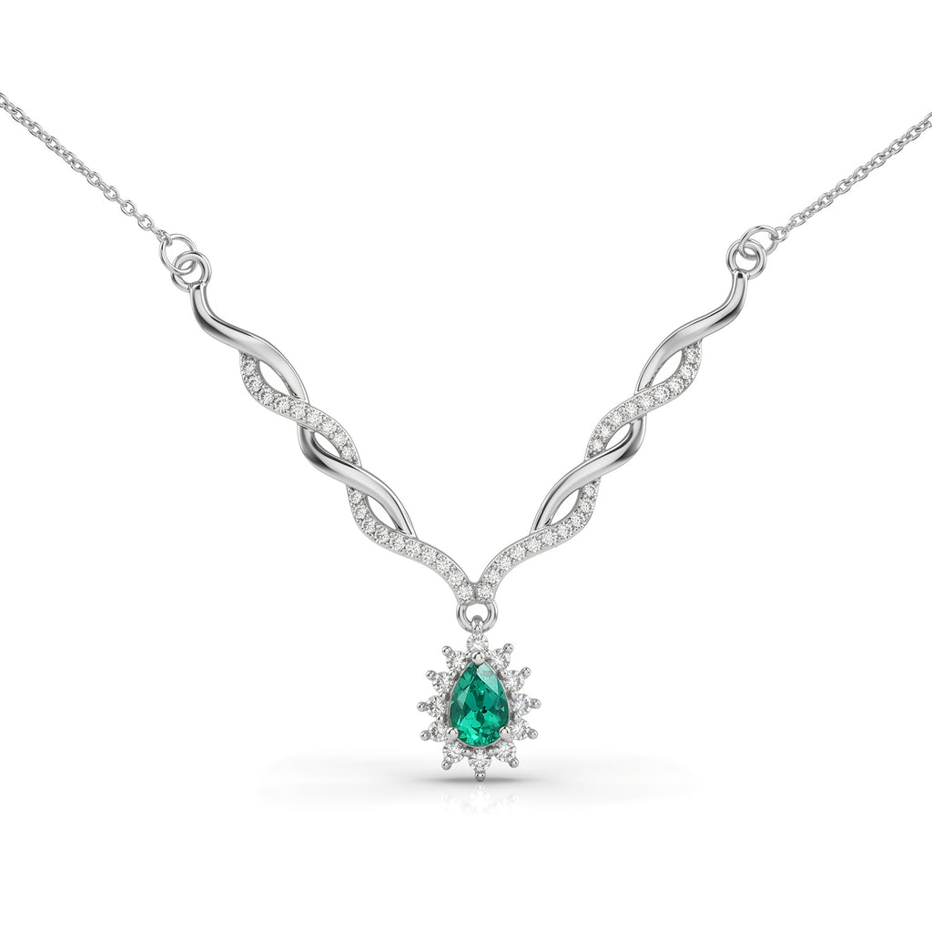 D'Joy - AAA Lab Grown Colombian Emerald & White Zircon Halo Necklace (Size - 20) in Rhodium Overlay Sterling Silver 1.00 Ct._8573332
