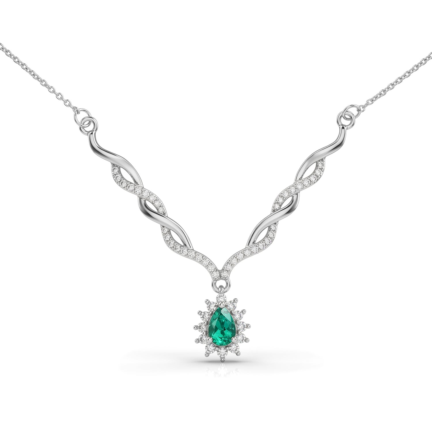 D'Joy - AAA Lab Grown Colombian Emerald &amp; White Zircon Halo Necklace (Size - 20) in Rhodium Overlay Sterling Silver 1.00 Ct. V32513982 0