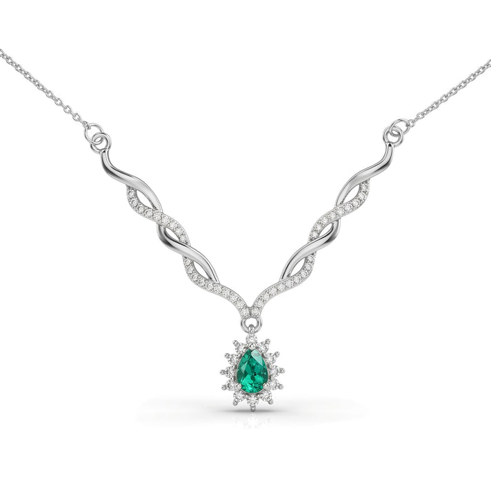D'Joy - AAA Lab Grown Colombian Emerald &amp; White Zircon Halo Necklace (Size - 20) in Rhodium Overlay Sterling Silver 1.00 Ct. 8573332 1
