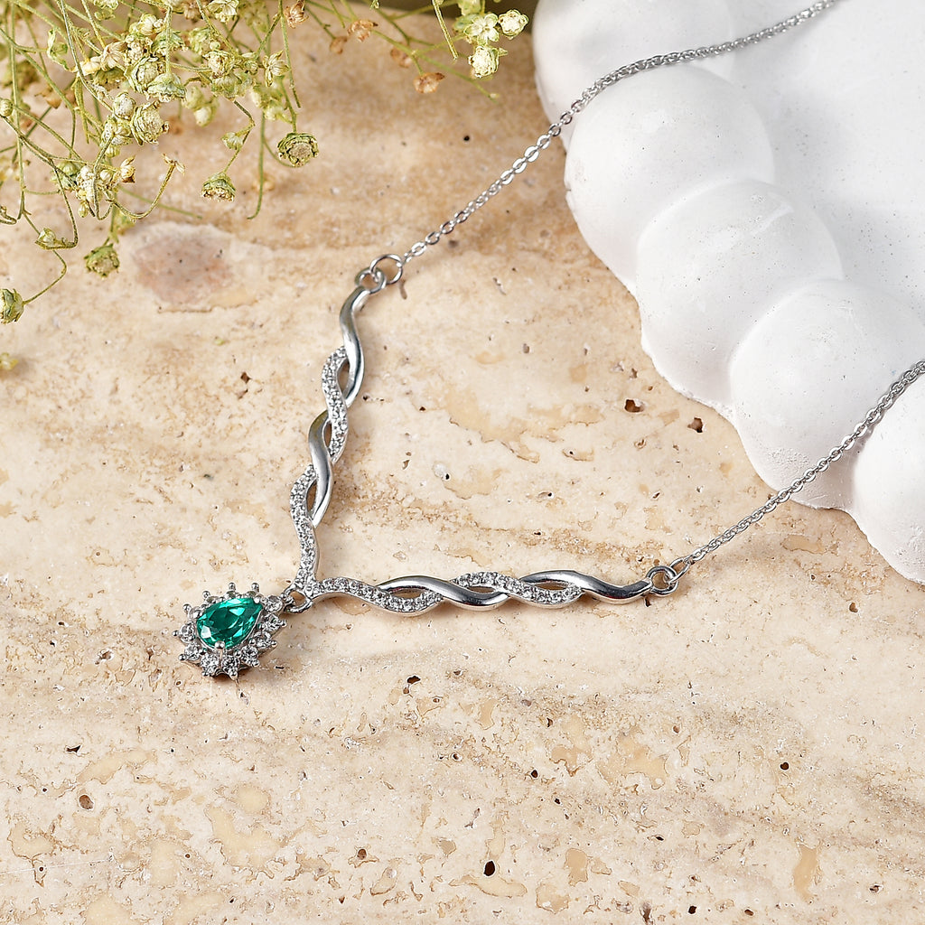 D'Joy - AAA Lab Grown Colombian Emerald & White Zircon Halo Necklace (Size - 20) in Rhodium Overlay Sterling Silver 1.00 Ct._8573332_2