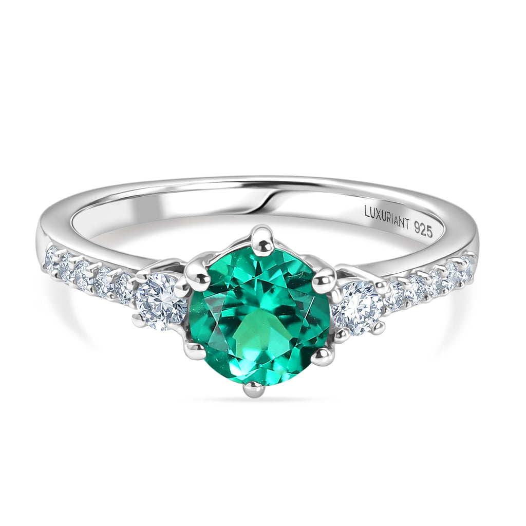 Luxuriant - AAA Lab Grown Columbian Emerald & Lab Grown Diamond (SI/G-H) Ring in Rhodium Overlay Sterling Silver 1.00 Ct._8573347