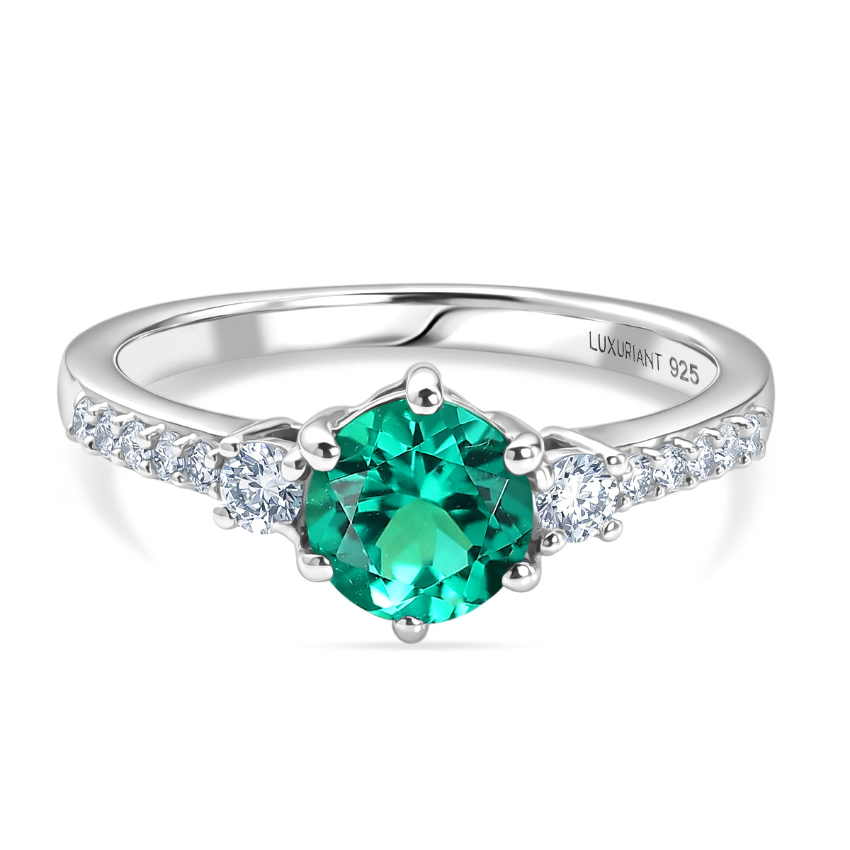 Luxuriant - AAA Lab Grown Columbian Emerald &amp; Lab Grown Diamond (SI/G-H) Ring in Rhodium Overlay Sterling Silver 1.00 Ct. V32525564 0
