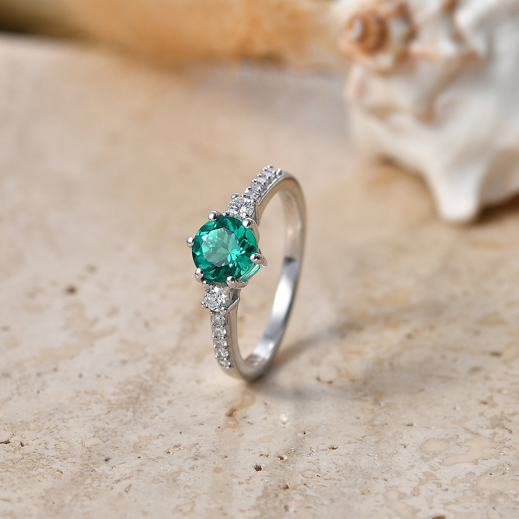 Luxuriant - AAA Lab Grown Columbian Emerald & Lab Grown Diamond (SI/G-H) Ring in Rhodium Overlay Sterling Silver 1.00 Ct._8573347_2