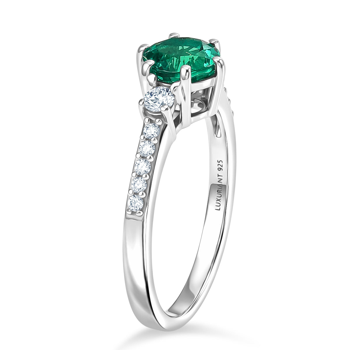 Luxuriant - AAA Lab Grown Columbian Emerald &amp; Lab Grown Diamond (SI/G-H) Ring in Rhodium Overlay Sterling Silver 1.00 Ct. V32525564 4