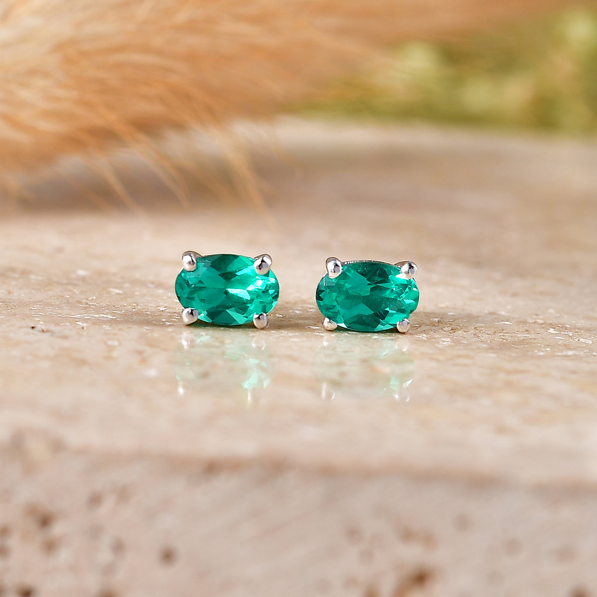 Luxuriant - AAA Lab Grown Colombian Emerald Stud Earring with Push Post in Platinum Overlay Sterling Silver V32540238 3