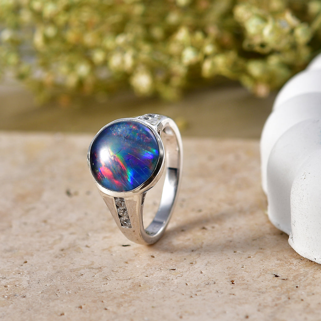 D'Joy - Boulder Opal Triplet & White Zircon Ring in Rhodium Overlay Sterling Silver 3.85 Ct._8573382_2