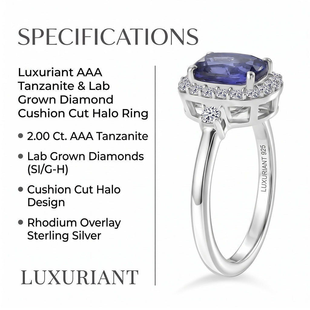 Luxuriant - AAA Tanzanite (1.5ct) & Lab Grown Diamond (SI/G-H) Cushion Cut Halo Ring in Rhodium Overlay Sterling Silver 2.00 Ct._8573421_6