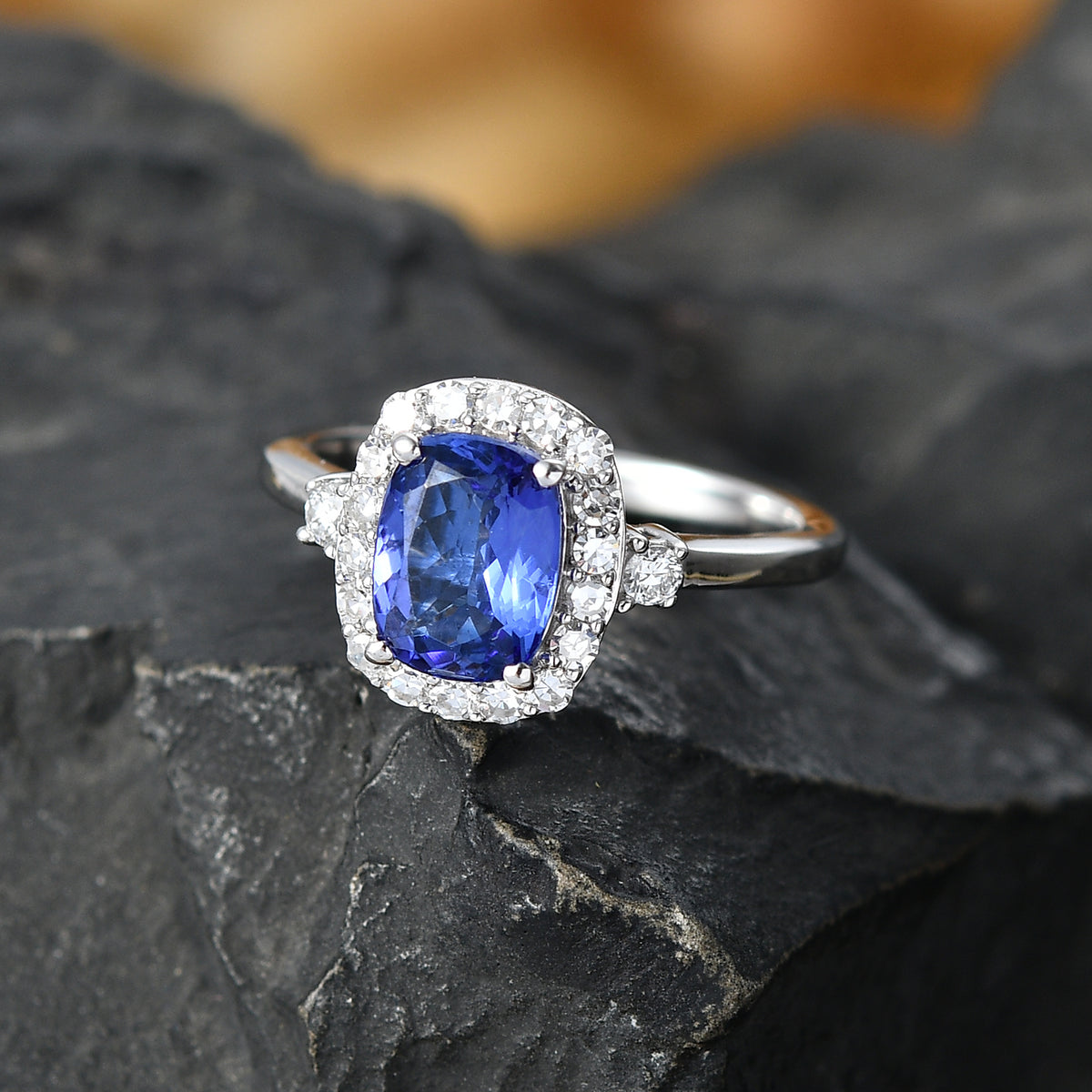 Luxuriant - AAA Tanzanite (1.5ct) &amp; Lab Grown Diamond (SI/G-H) Cushion Cut Halo Ring in Rhodium Overlay Sterling Silver 2.00 Ct. V32525726 3