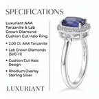 Luxuriant - AAA Tanzanite (1.5ct) & Lab Grown Diamond (SI/G-H) Cushion Cut Halo Ring in Rhodium Overlay Sterling Silver 2.00 Ct._8573425_6