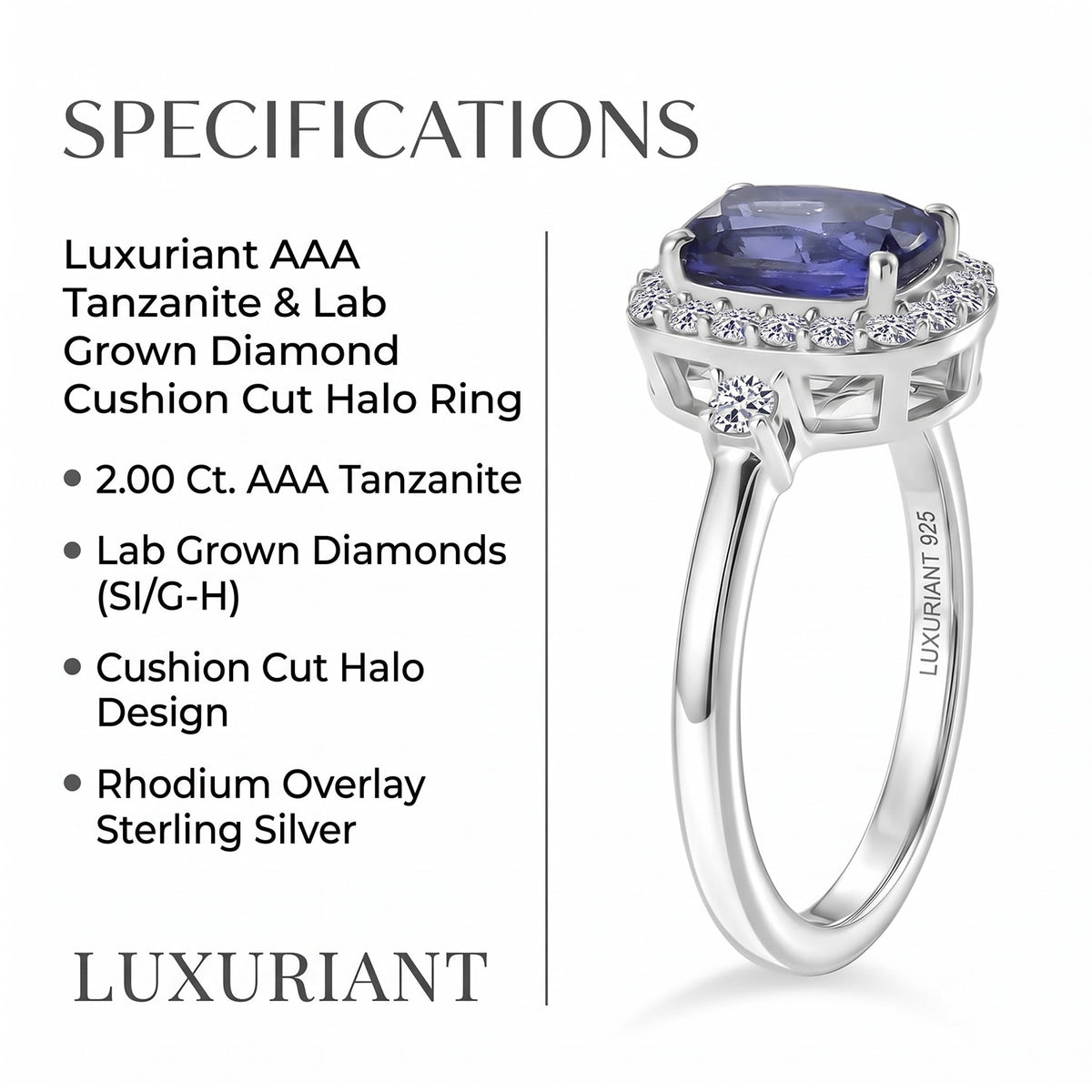 Luxuriant - AAA Tanzanite (1.5ct) &amp; Lab Grown Diamond (SI-G-H) Cushion Cut Halo Ring in Rhodium Overlay Sterling Silver 2.00 Ct. V32668981 7