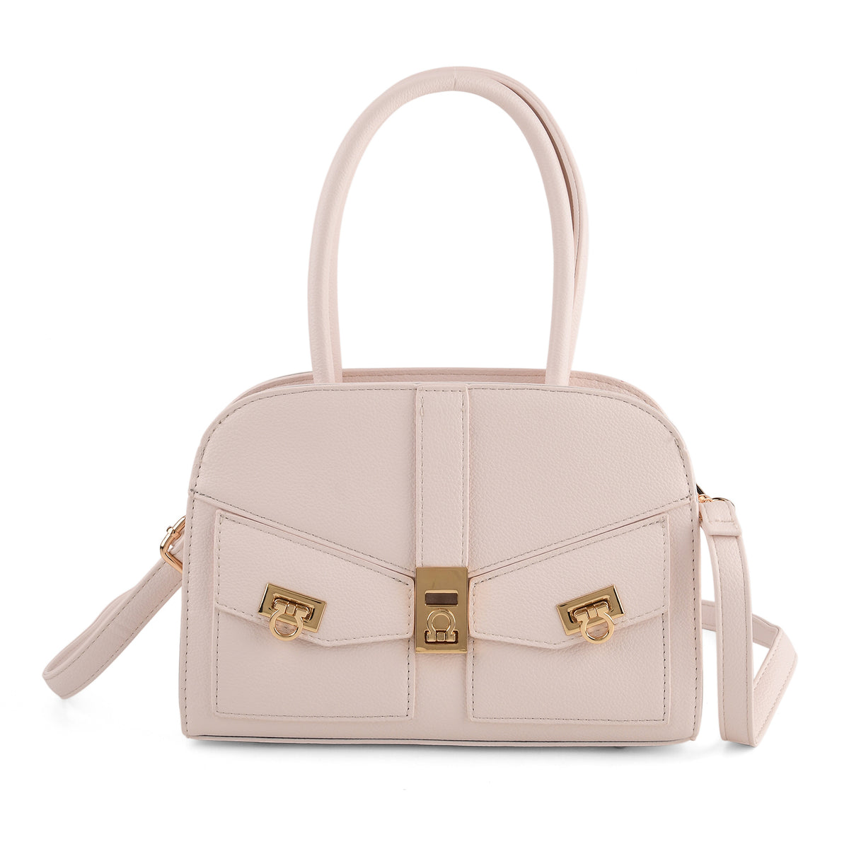 Designer Inspired from Italy- Top Handle Textured Finish Handbag with Metallic Clasp &amp; Shoulder Strap - Light Pink 8573657 0