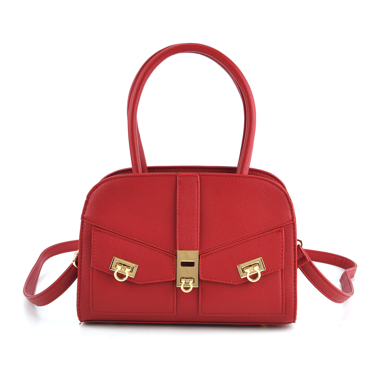 Designer Inspired from Italy- Top Handle Textured Finish Handbag with Metallic Clasp &amp; Shoulder Strap - Red V32641031 0