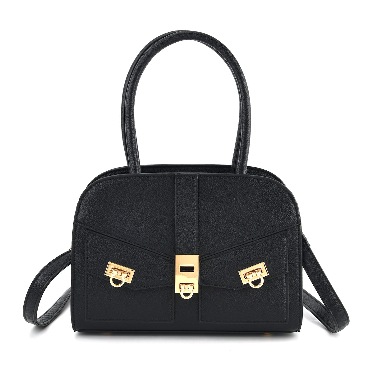 Designer Inspired - Top Handle Textured Finish Handbag with Metallic Clasp &amp; Shoulder Strap - Black 8573659 0