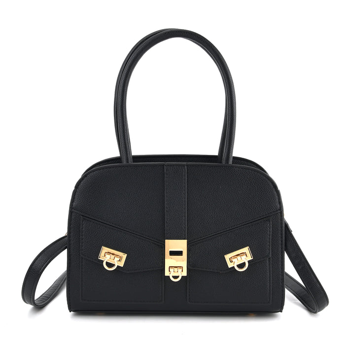 Designer Inspired - Top Handle Textured Finish Handbag with Metallic Clasp &amp; Shoulder Strap - Black 8573659 1