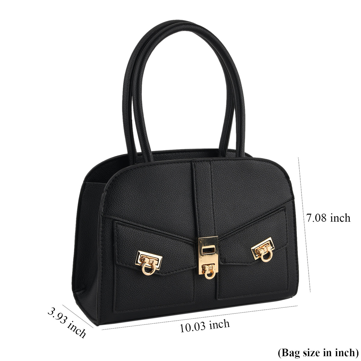 Designer Inspired - Top Handle Textured Finish Handbag with Metallic Clasp &amp; Shoulder Strap - Black 8573659 4