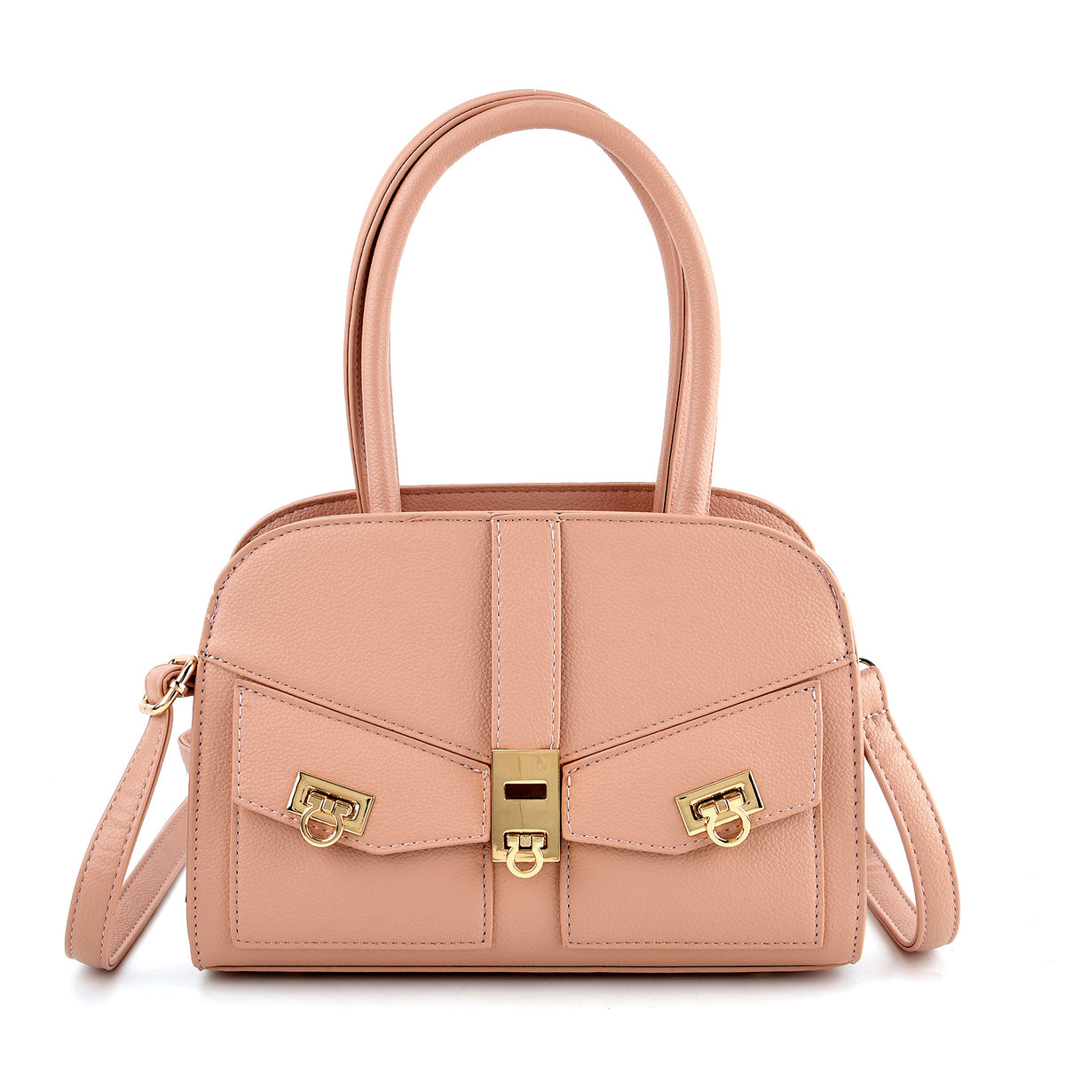 Designer Inspired from Italy-Top Handle Textured Finish Handbag with Metallic Clasp &amp; Shoulder Strap - Peach V32641897 0