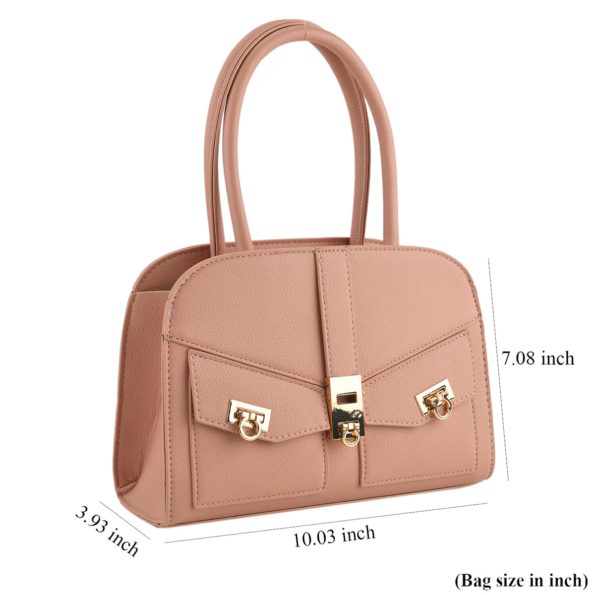 Designer Inspired from Italy-Top Handle Textured Finish Handbag with Metallic Clasp &amp; Shoulder Strap - Peach V32641897 5