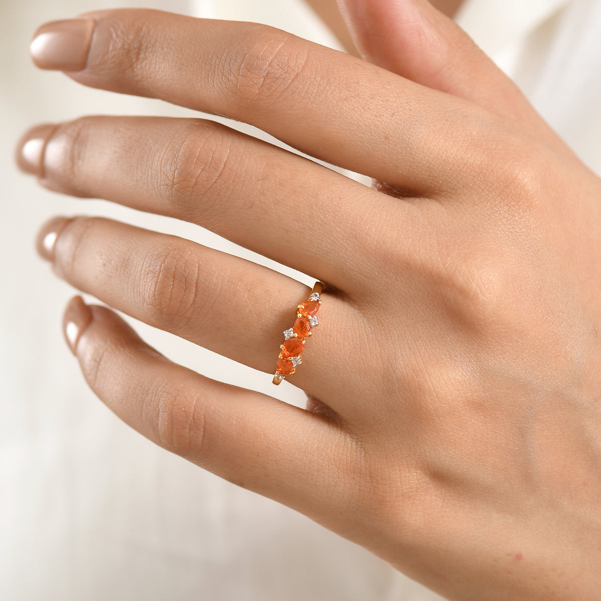 D'Joy - Natural Crimson Fire Opal &amp; White Zircon Ring in Yellow Gold Plated Sterling Silver V32514048 2