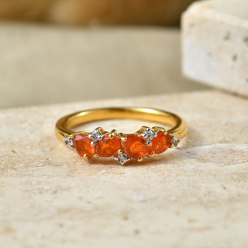 D'Joy - Natural Crimson Fire Opal & White Zircon Ring in Yellow Gold Plated Sterling Silver_8573959_2