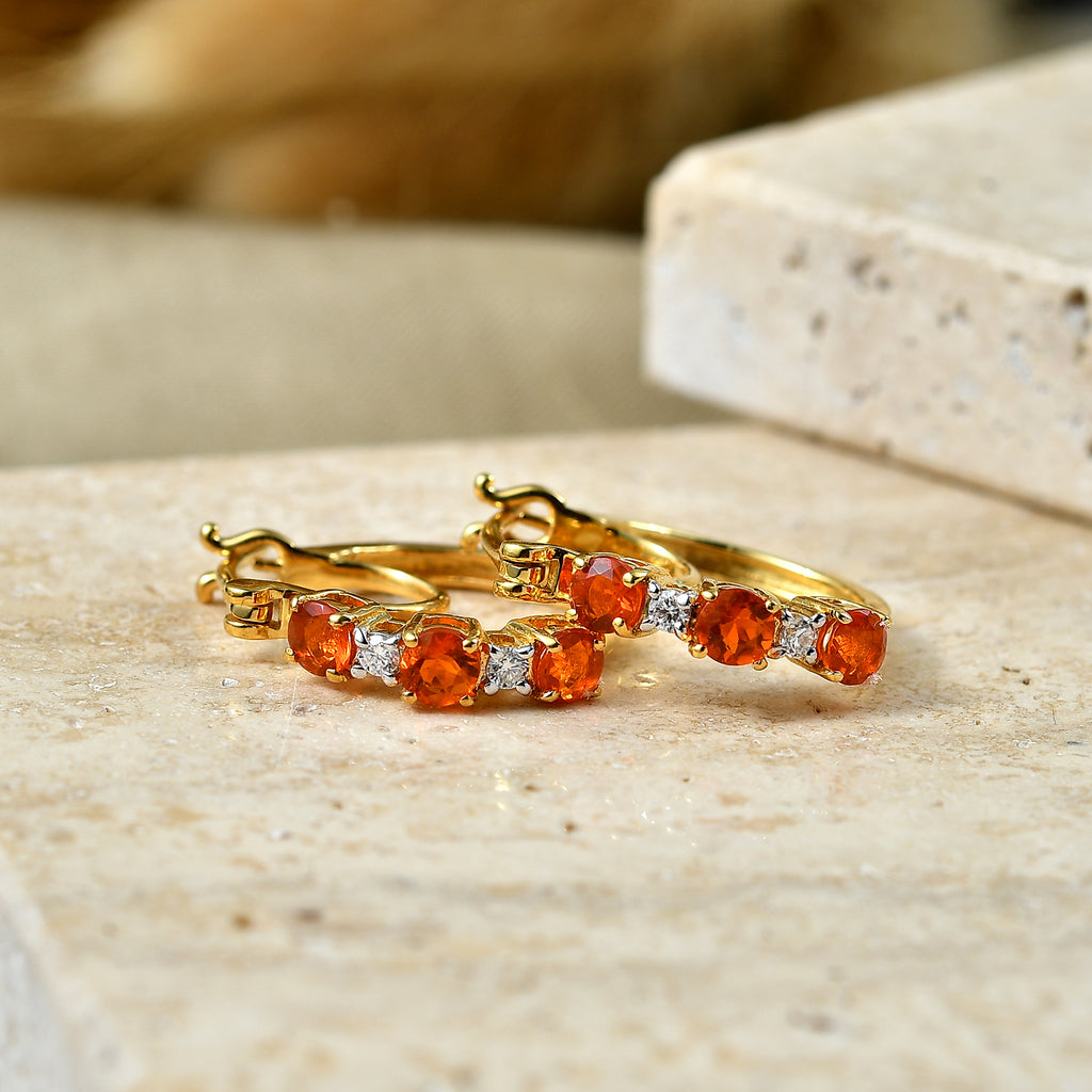 D'Joy - Natural Crimson Fire Opal & Moissanite Full Hoop Earring with Clasp in Yellow Gold Plated Sterling Silver_8573965_2