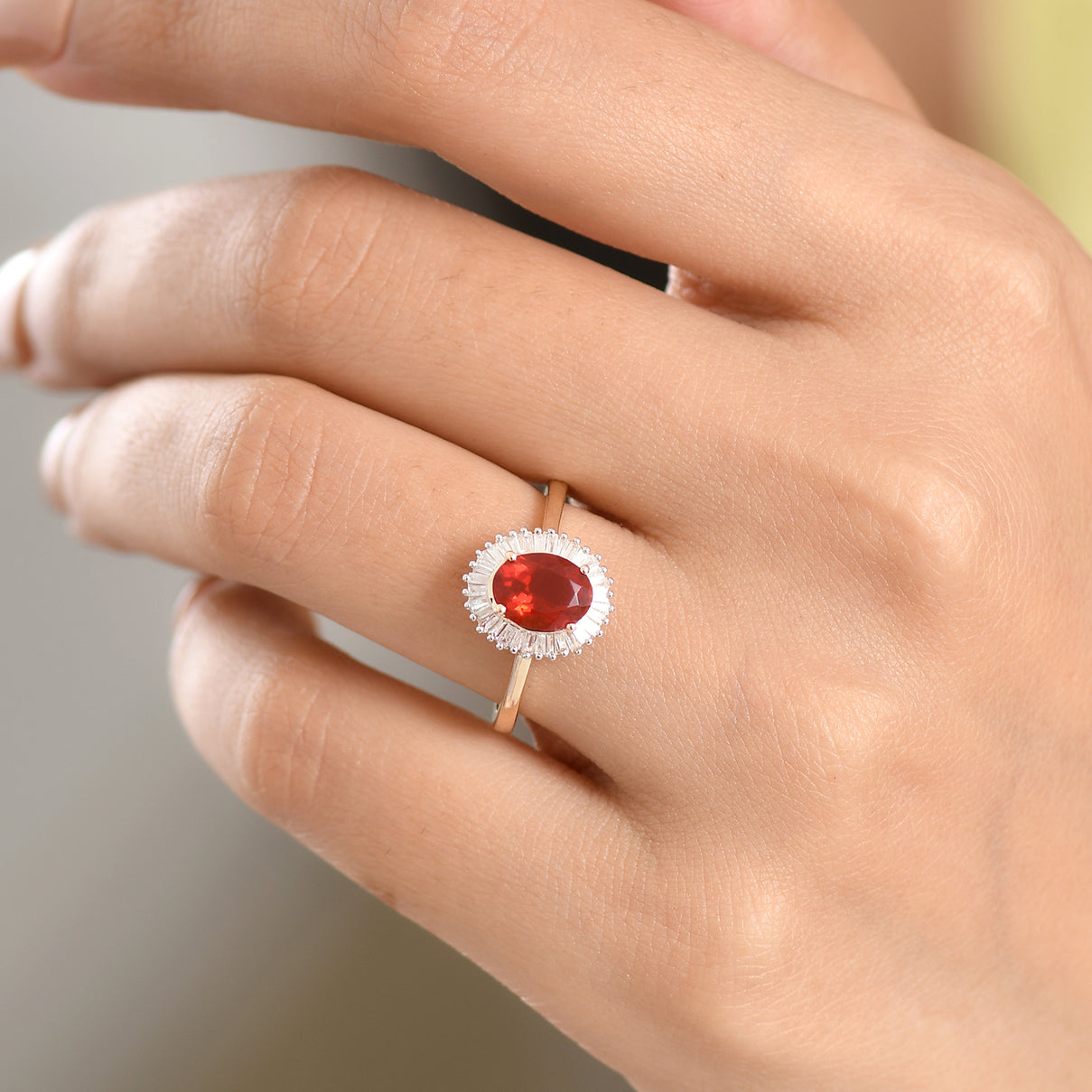 9K Yellow Gold AAAA Natural Crimson Fire Opal &amp; Natural Diamond Halo Ring 1.10 Ct. V32522495 2