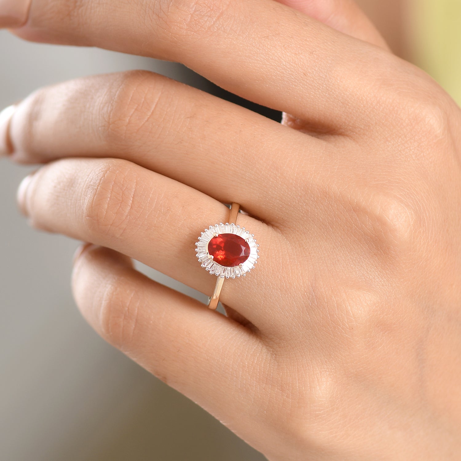 9K Yellow Gold AAAA Natural Crimson Fire Opal &amp; Natural Diamond Halo Ring 1.10 Ct. V32522495 2