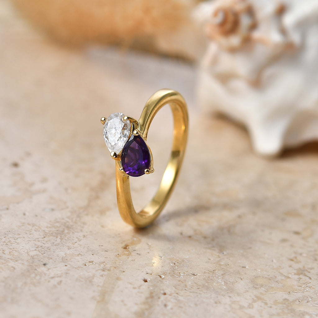 Royal Bali Collection - D'Joy African Amethyst & Moissanite Toi-et-Moi Ring in 18K Vermeil Yellow Gold Plated Sterling Silver_8574005_2