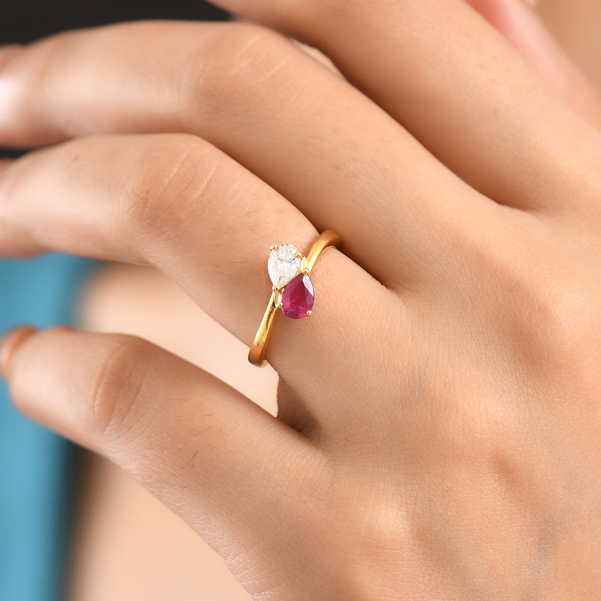 D'Joy African Ruby &amp; Moissanite Toi-et-Moi Ring in 18K Vermeil Yellow Gold Plated Sterling Silver 1.00 Ct. 8574093 2